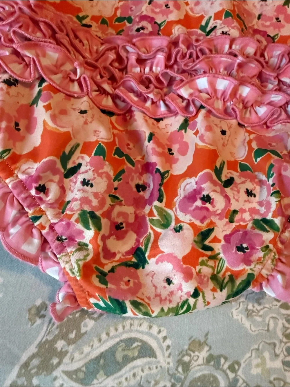 SweetHoney Orange Floral Zip-Front Girls Swimsuit with Gingham Ruffles